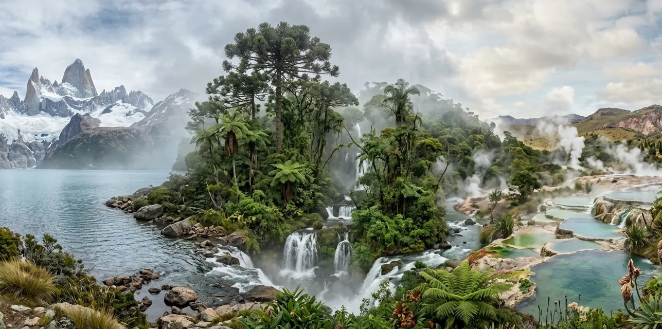 Panoramic blend of Patagonia, Iguazú rainforest and thermal water landscapes