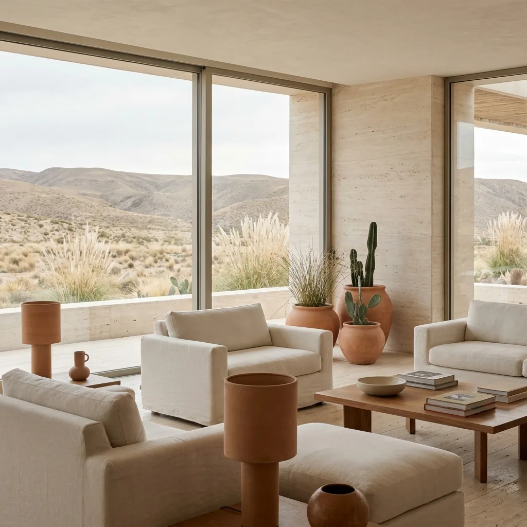 Contemporary Argentine hotel terrace with native plants and landscape views