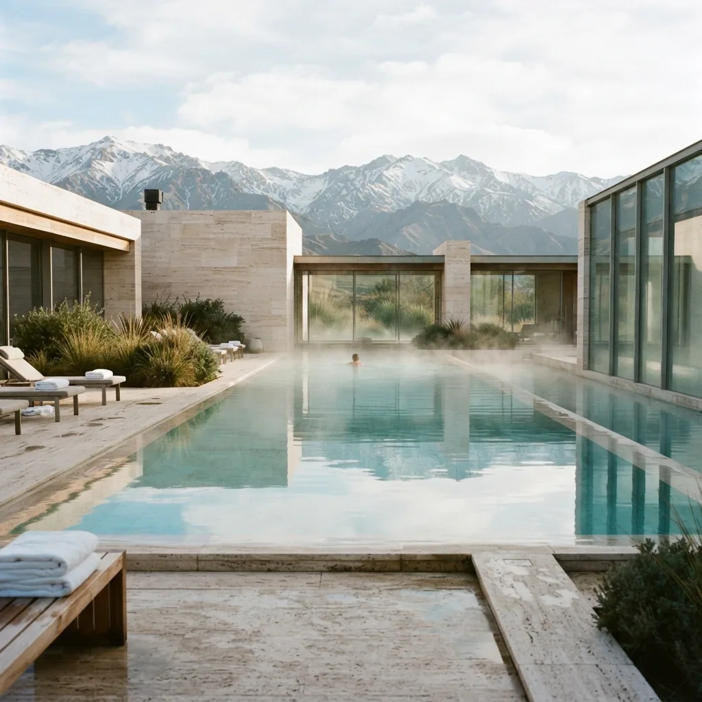 Bright Argentine luxury hotel wellness pool with pale stone and calm water
