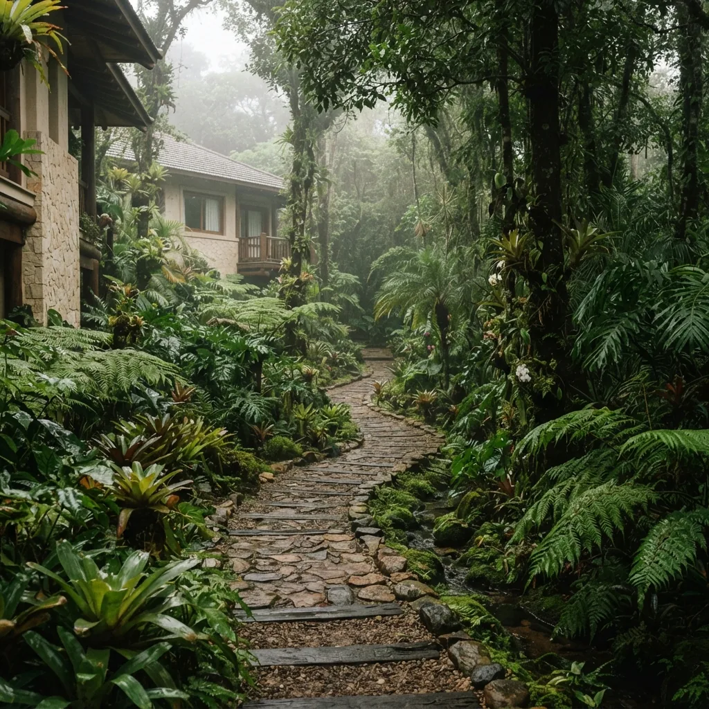 Editorial illustration of landscaped rainforest gardens and a quiet hotel path