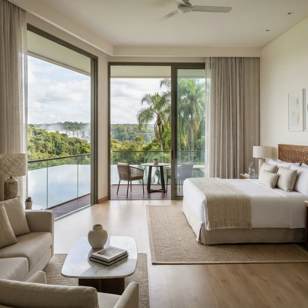 Editorial illustration of a bright suite with a pool and jungle views at Gran Meliá Iguazú