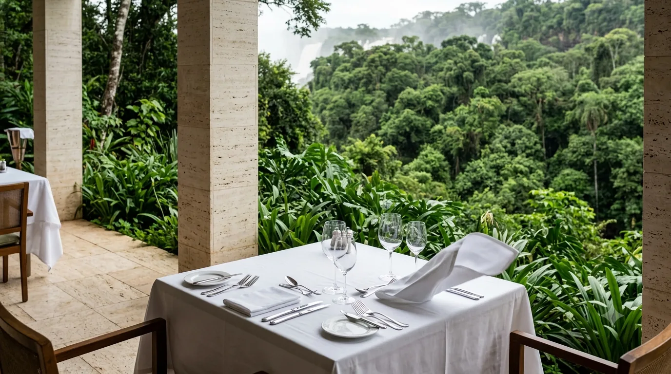 Editorial illustration of a refined rainforest-facing dining terrace at Gran Meliá Iguazú