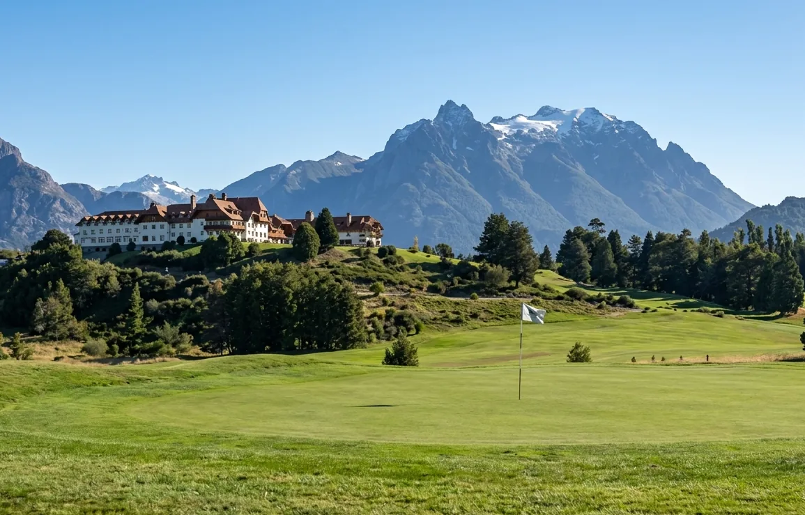 Editorial illustration of a mountain golf course and hotel in Patagonia