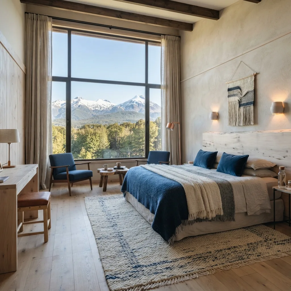 Editorial illustration of a contemporary room with Patagonian-inspired materials at Loi Suites Chapelco