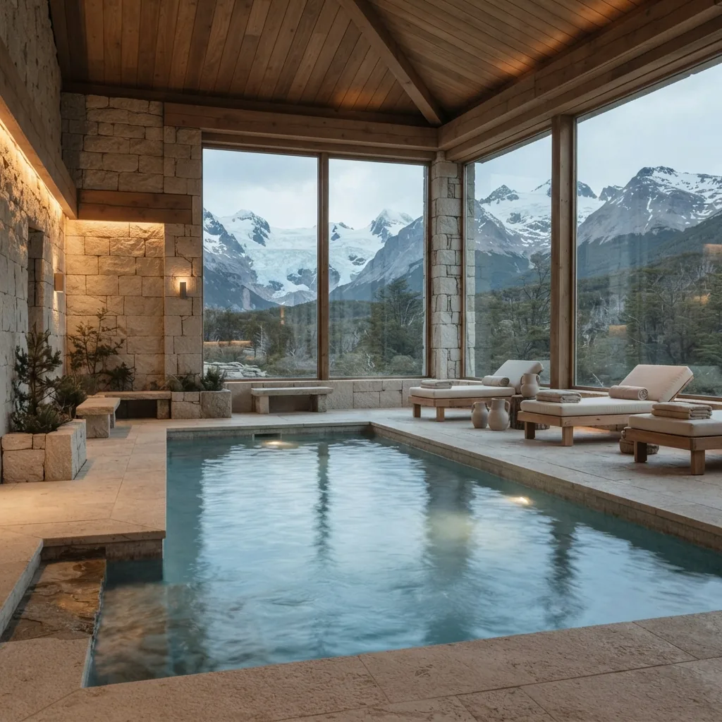 Editorial illustration of an indoor spa and pool area at a Patagonian hotel