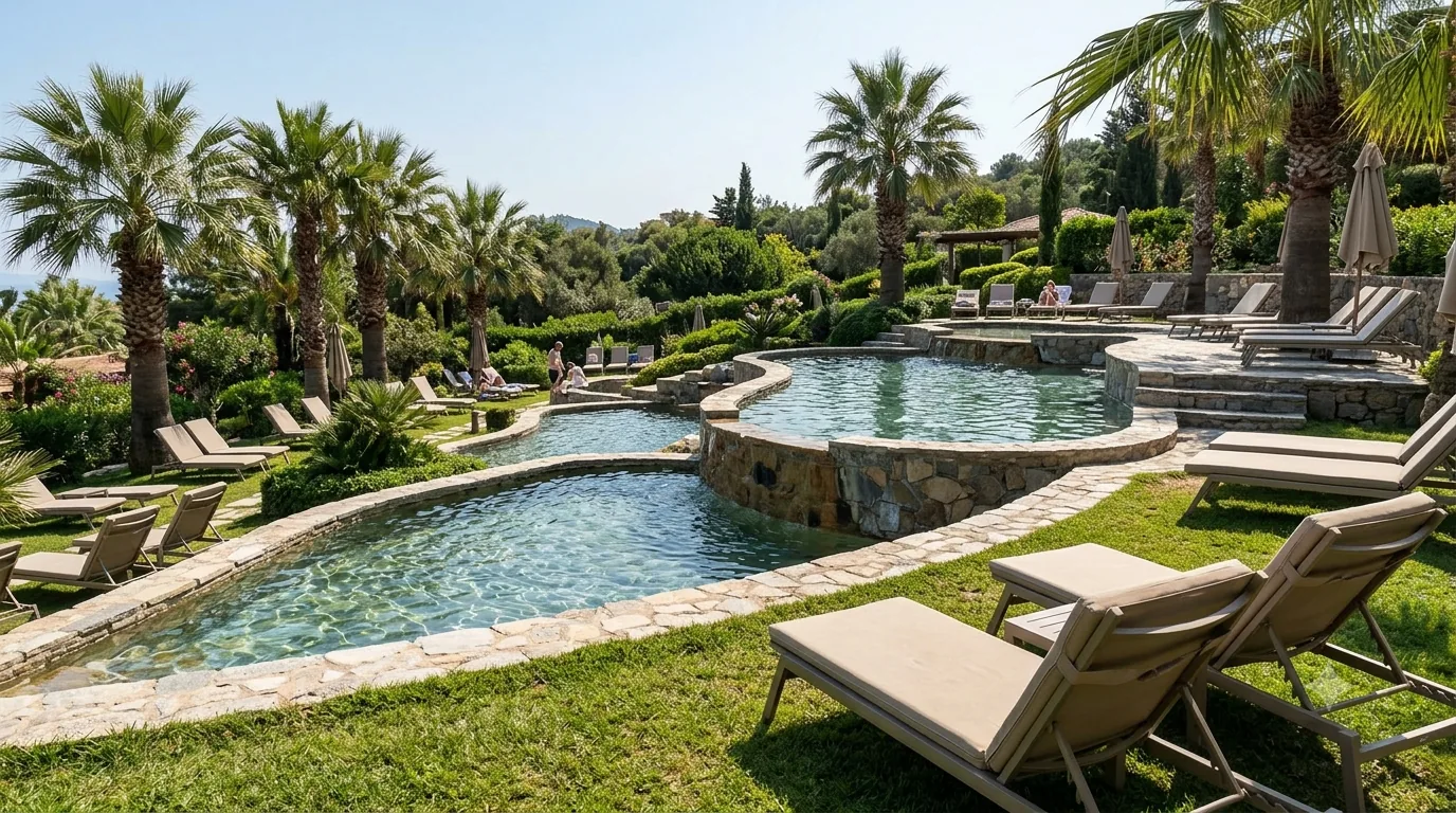 Editorial illustration of thermal pools, gardens and loungers at Los Pinos Resort