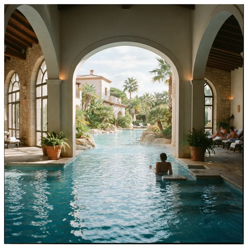 Editorial illustration of an indoor and outdoor thermal pool at Los Pinos Resort